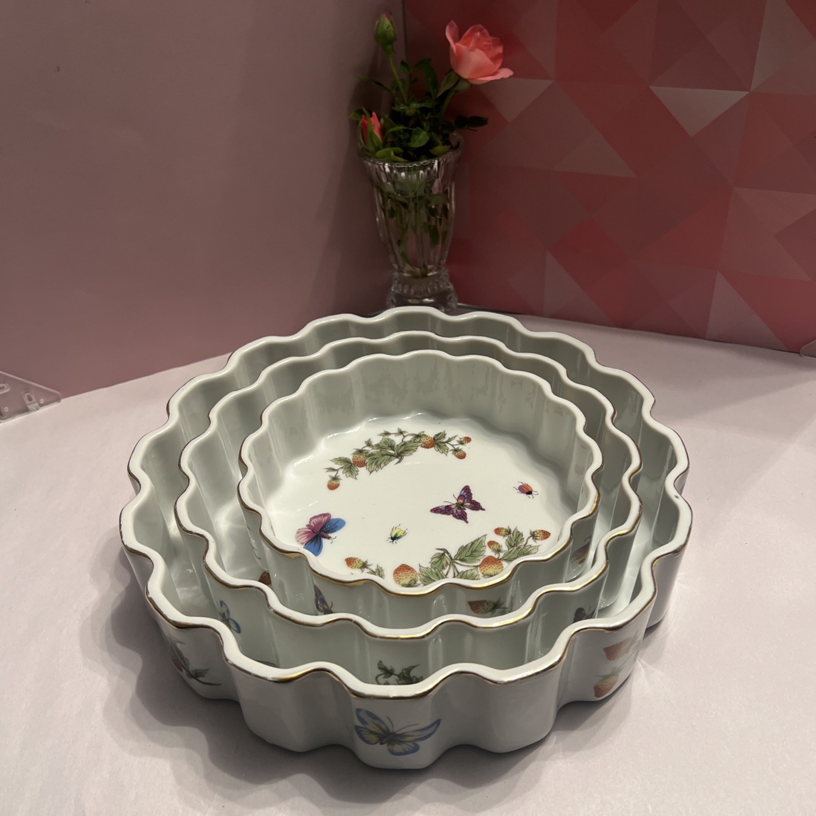 Vintage Set of 3 Lenwile Ardalt Strawberries~Butterflies  Baking Dishes