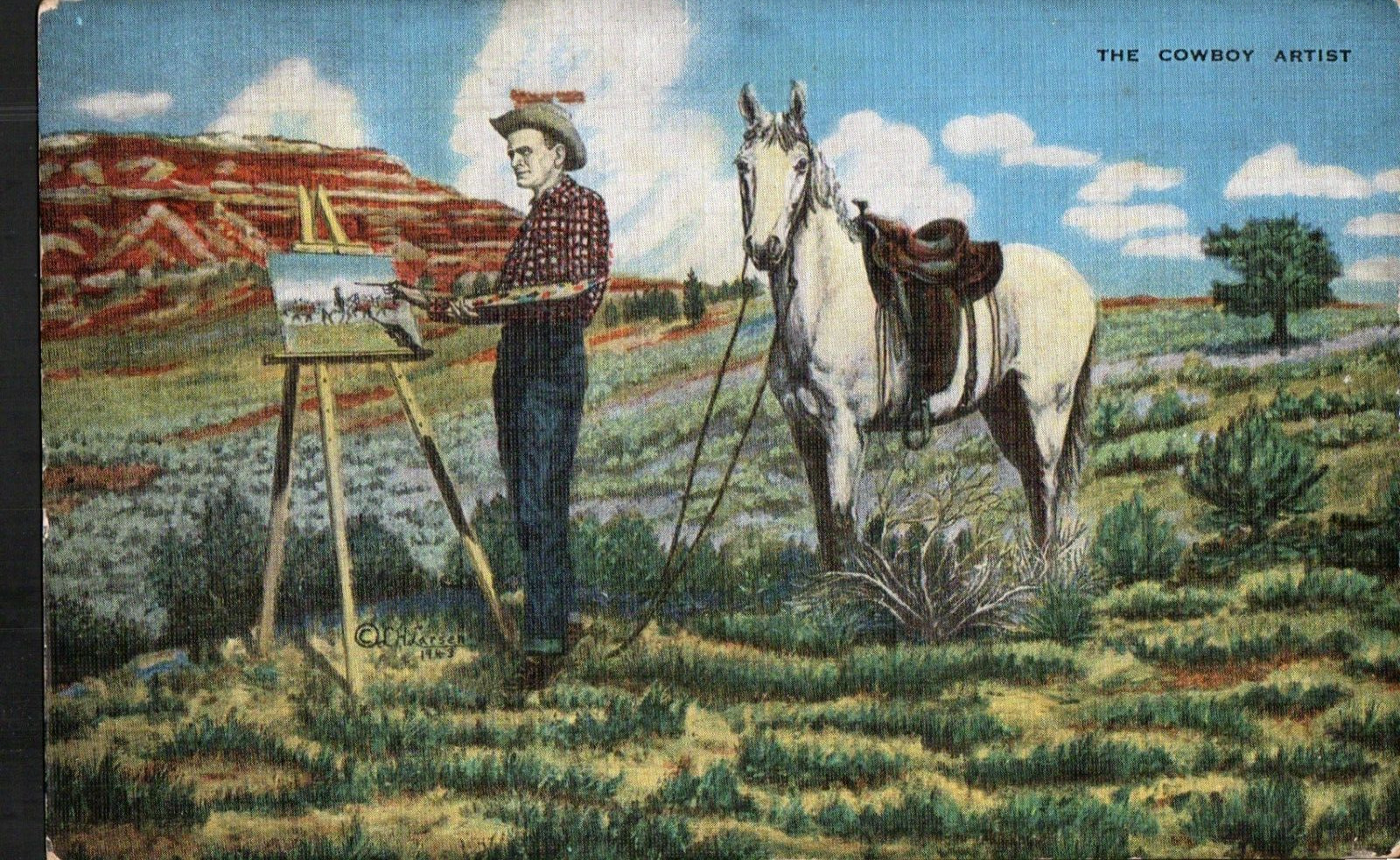 Old Postcard Cowboy Card Artist LH Dude Larsen Horses Painting Poem Western