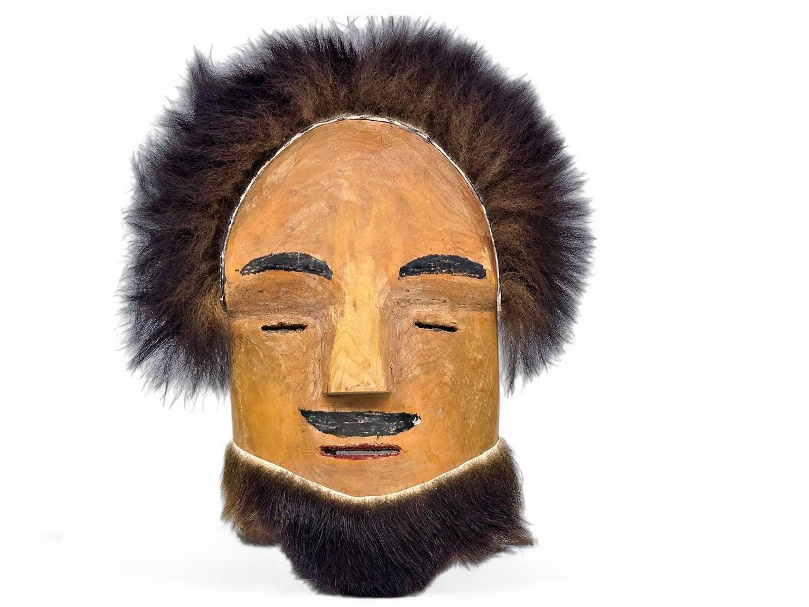 Vtg Alaska Carved Wood Face Mask Dark Fur Trim Wall Hanging Folk Art Carving