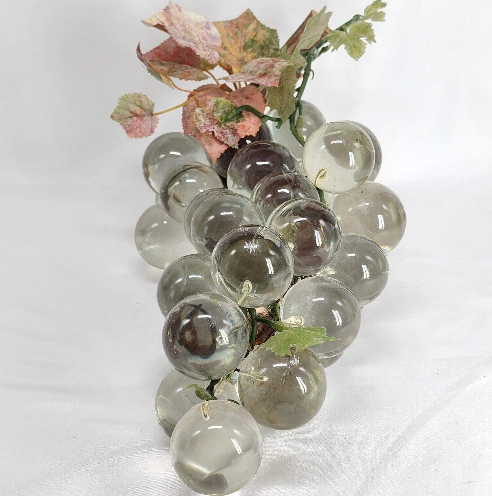 Vintage Glass Lucite Grapes Cluster Clear Wood Mid Century MCM Large