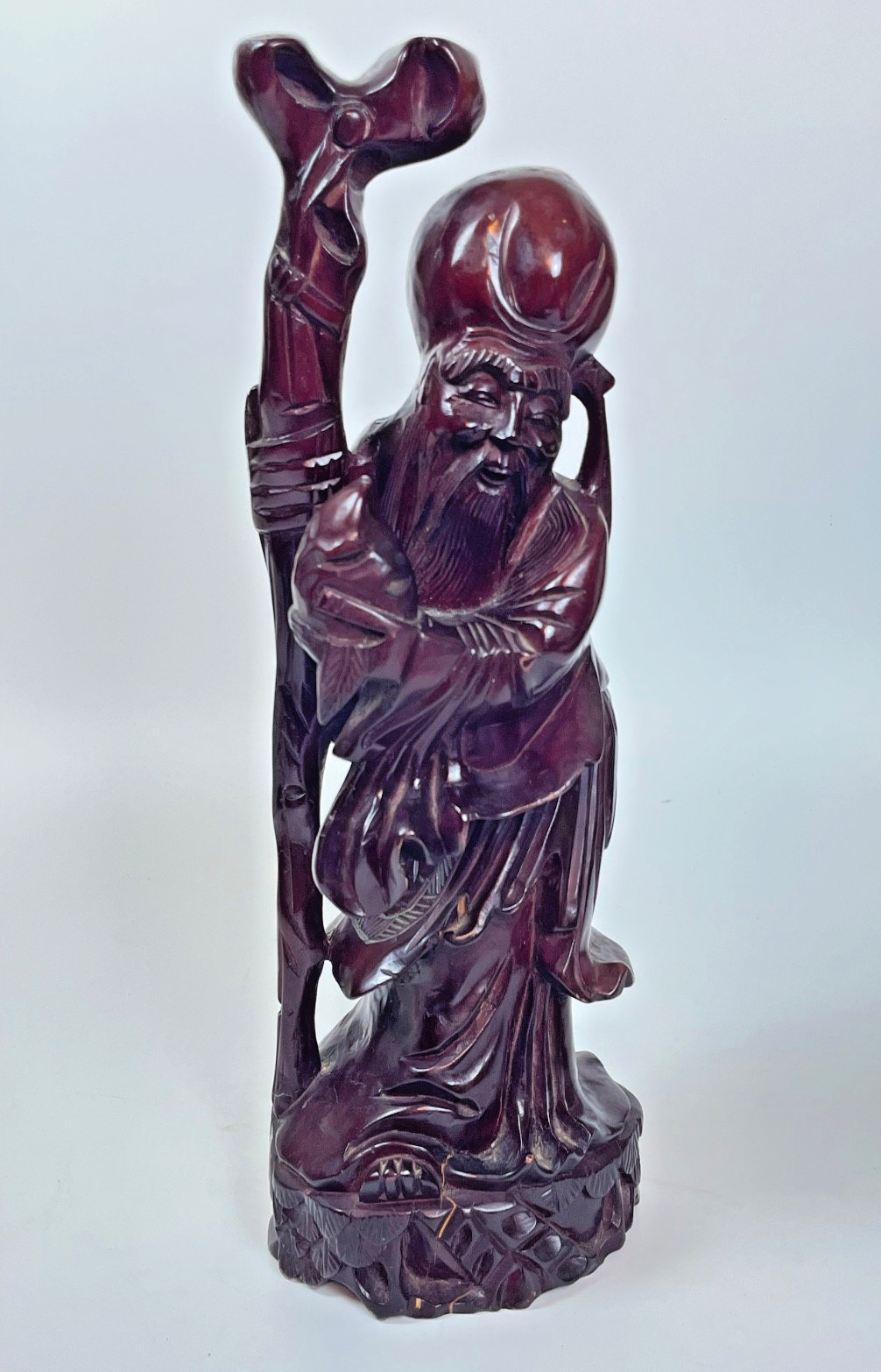 Vintage Chinese Shou Lao God of Longevity Hand Carved Wood Statue 12"