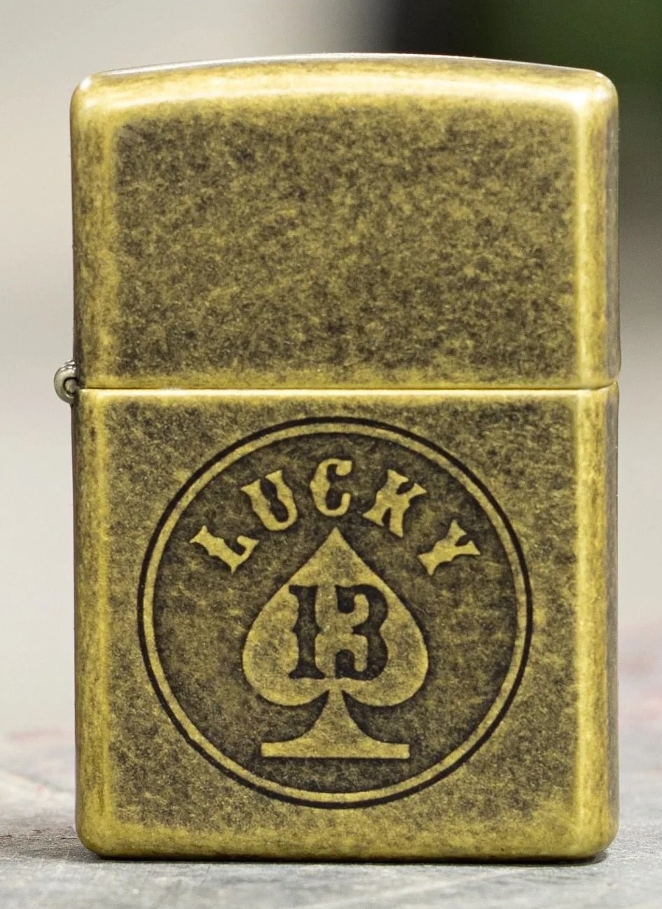 Zippo Antique Brass Lighter with Luck 13 Ace of Spades. 47148, New In Box Zippo Antique Brass Lighter with Luck 13 Ace of Spades. 47148, New In Box