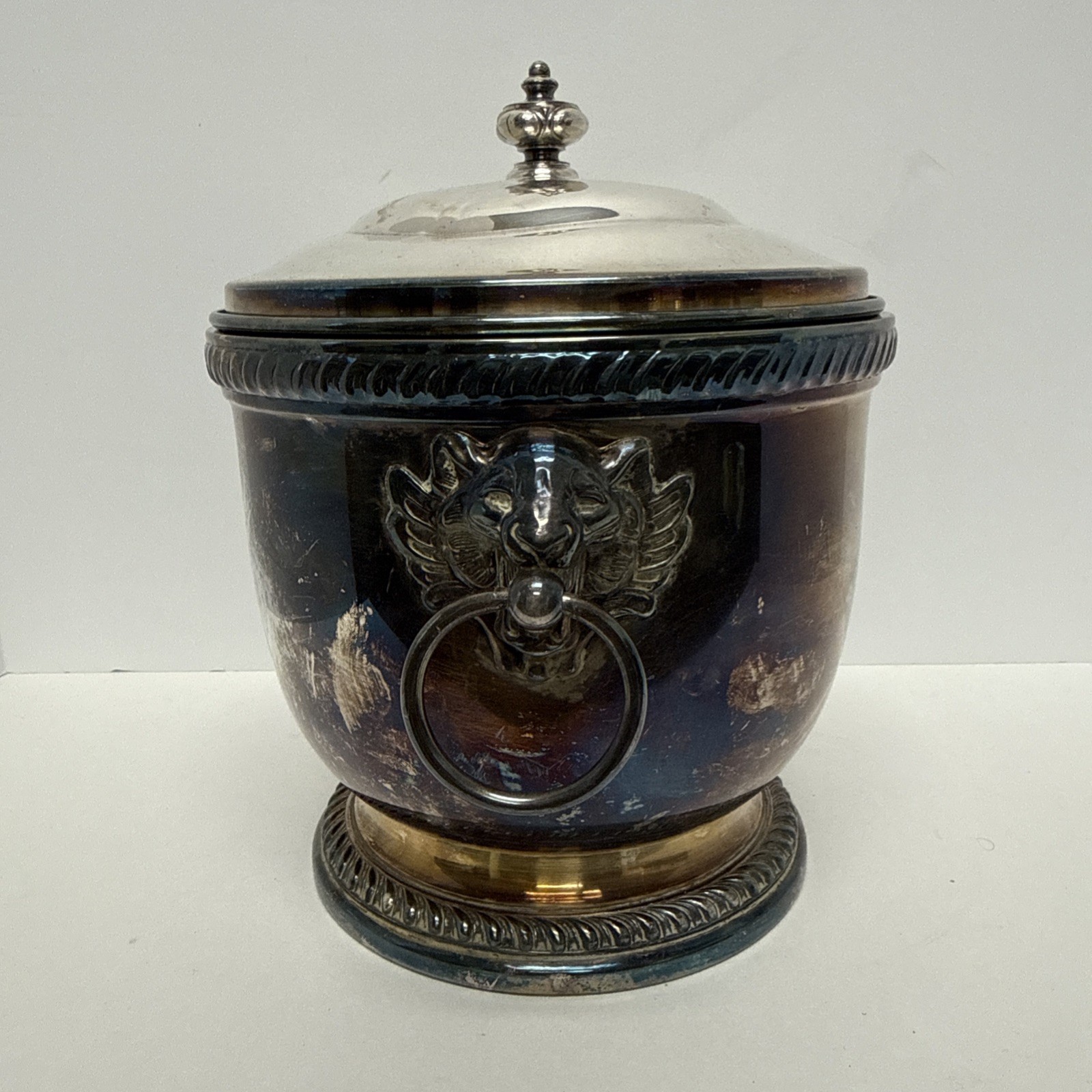 Vintage English Regency Silver Plated Lion Head Lidded Ice Bucket by Poole Vintage English Regency Silver Plated Lion Head Lidded Ice Bucket by Poole
