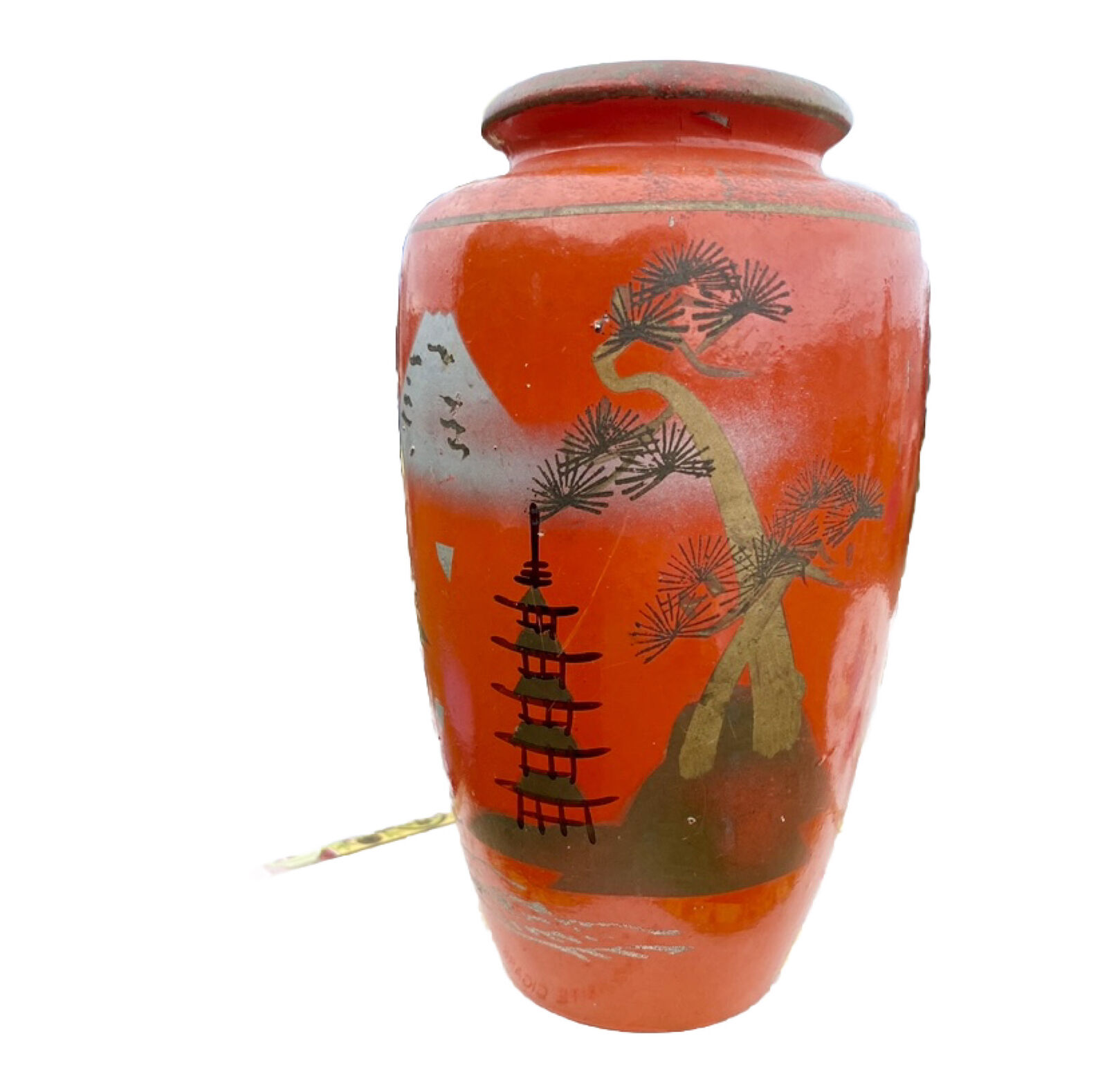 ￼Rare Japanese Authentic 1920s Vase Chinoiserie Cinnabar Style Art Home Decor
