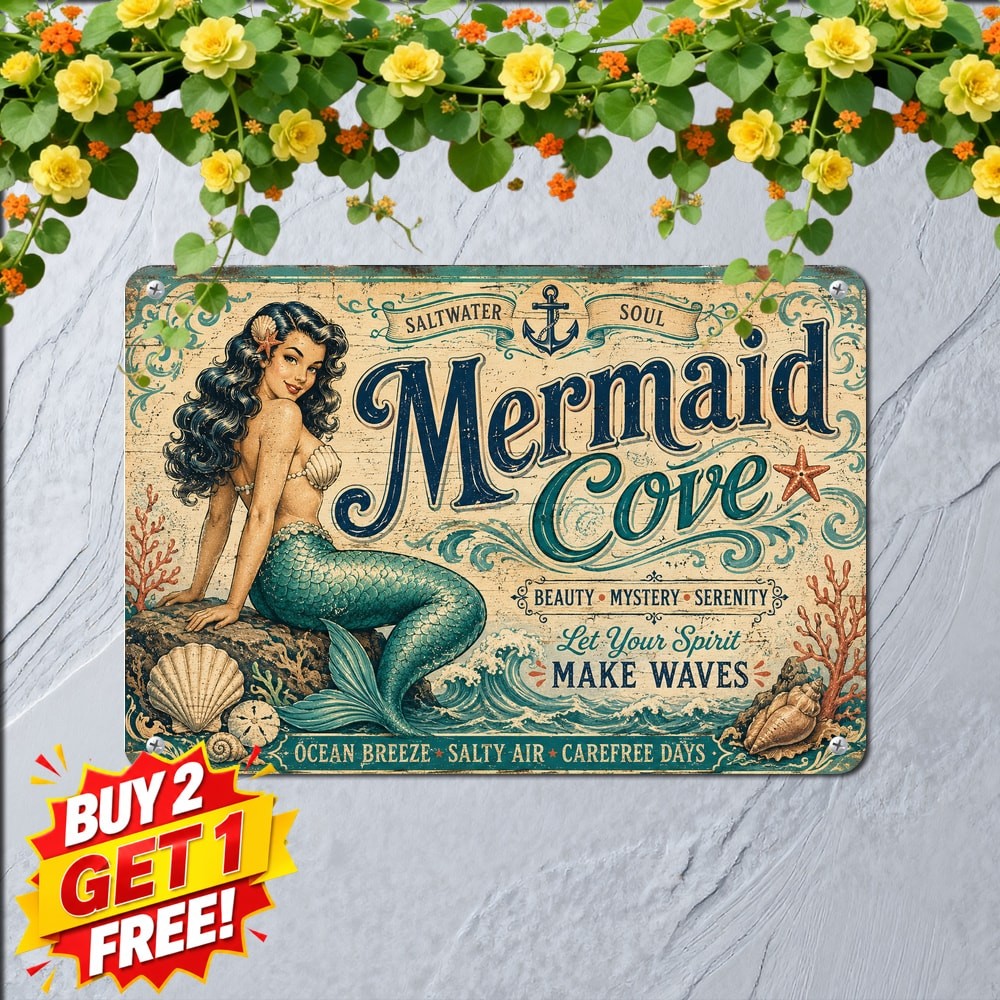 Mermaid Cove Weatherproof Outdoor Metal Sign Retro Beach House Bathroom Decor