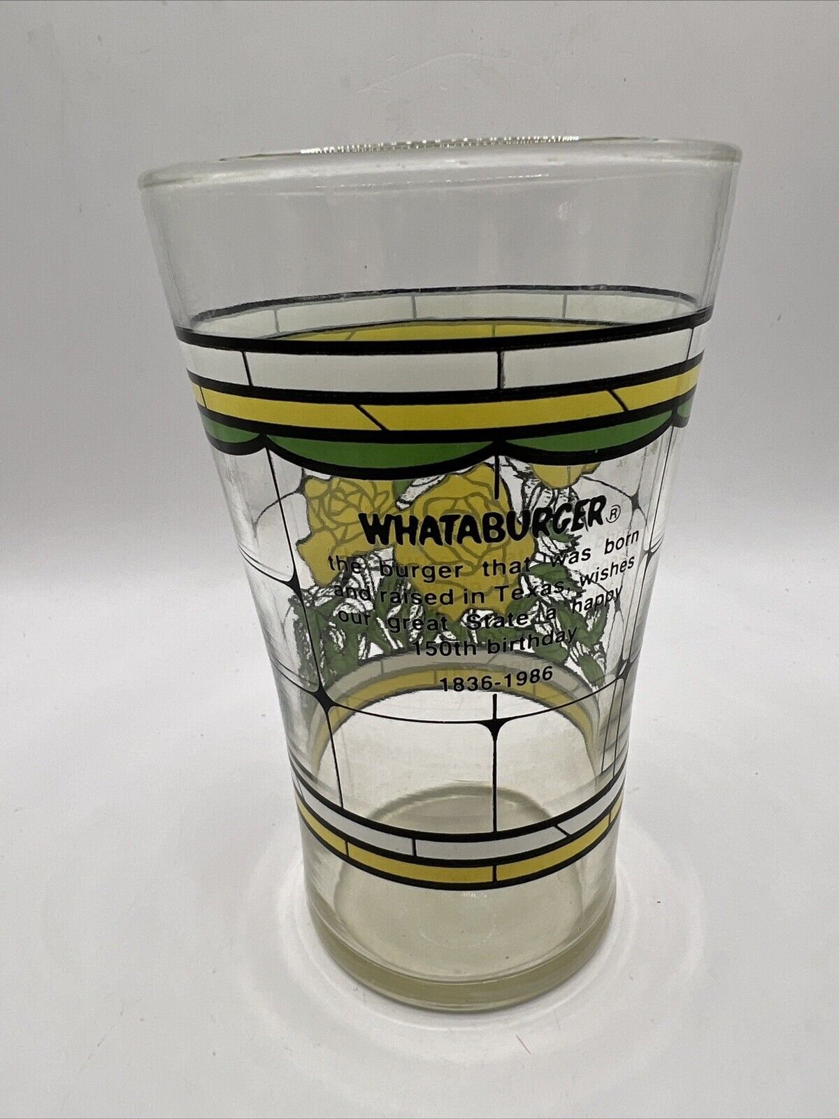 1 Vintage 1986 Whataburger Texas 150th Birthday Yellow Rose Drinking Glass