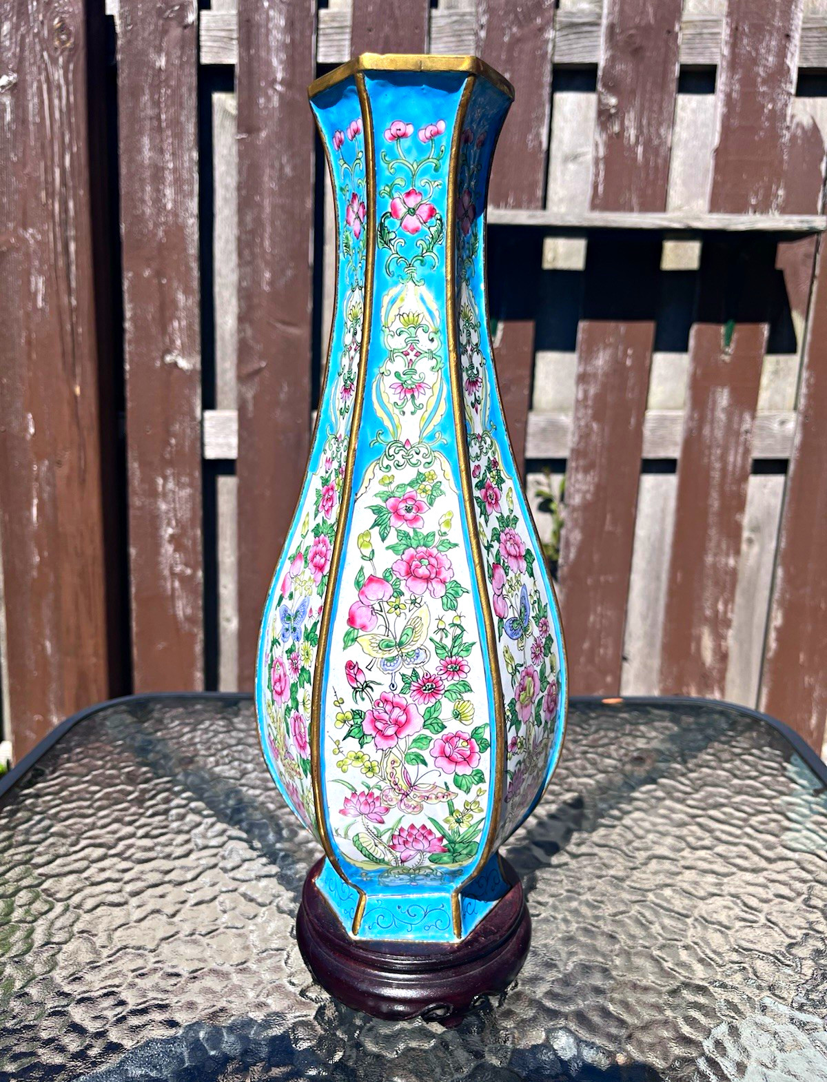 Vintage Chinese Hexagonal Cloisonné Enamel Floral Vase w/ Wood Stand Vintage Chinese Hexagonal Cloisonné Enamel Floral Vase w/ Wood Stand