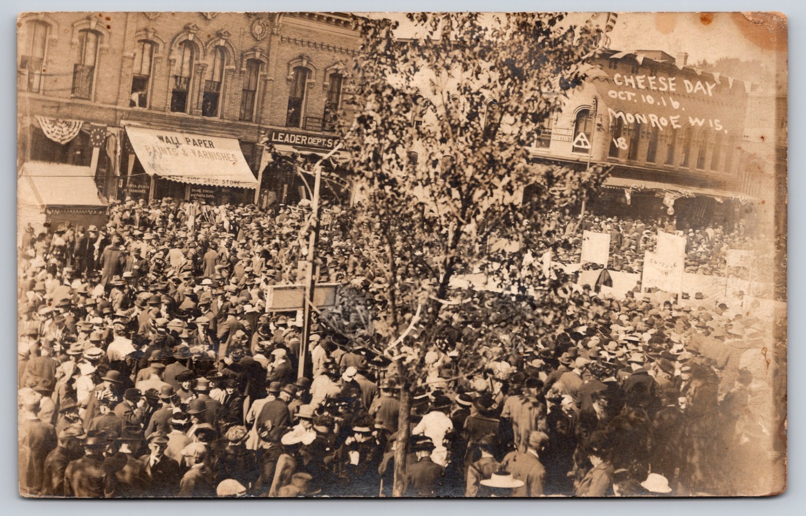 Huge Crowd at Cheese Day Festival October 10 1916 Main St. Monroe Wisconsin RPPC Huge Crowd at Cheese Day Festival October 10 1916 Main St. Monroe Wisconsin RPPC