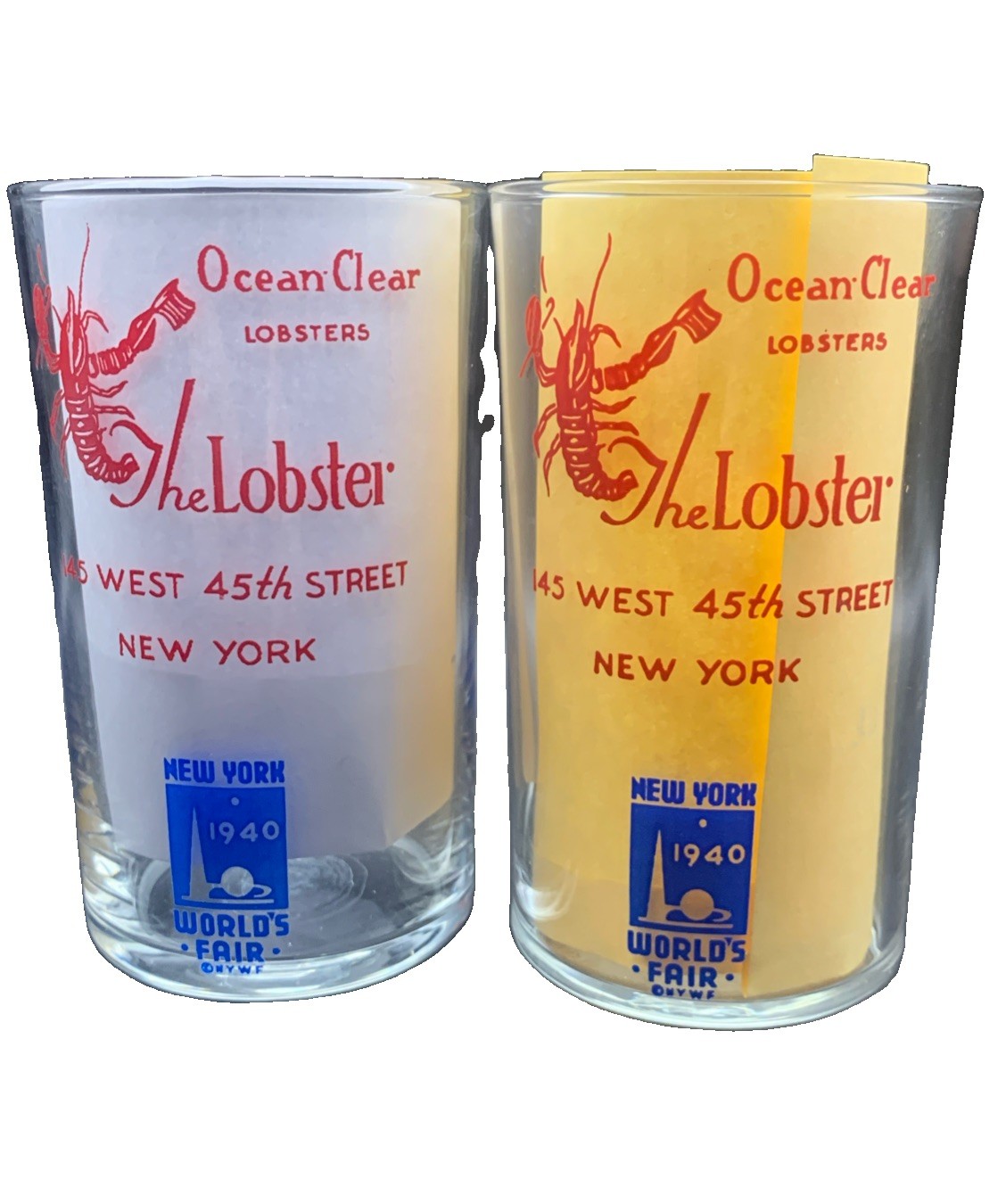 Vintage Ocean Clear Lobsters NYC 1940 World's Fair Advertising Glass Lot of 2 Vintage Ocean Clear Lobsters NYC 1940 World's Fair Advertising Glass Lot of 2