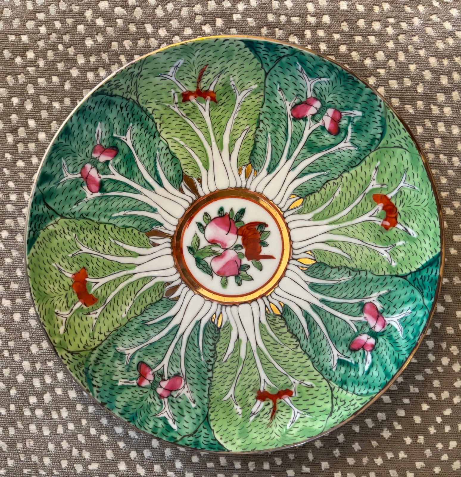 Vintage Famille Verte Bok Choy Hand Painted Plate Butterflies Hong Kong 8” Vintage Famille Verte Bok Choy Hand Painted Plate Butterflies Hong Kong 8”