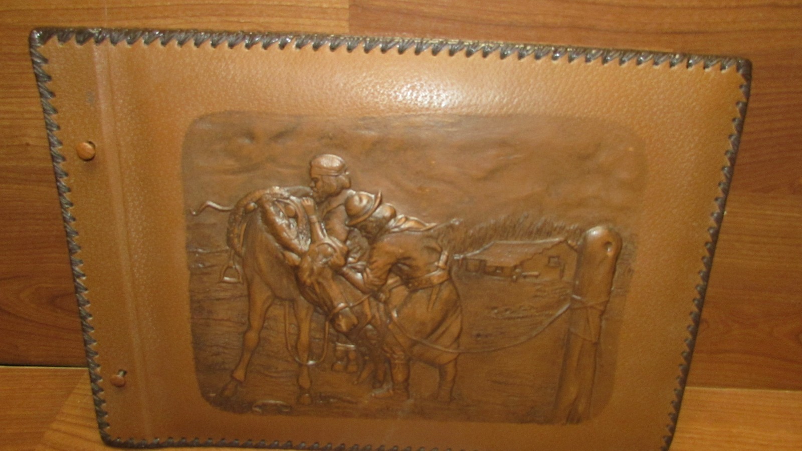 Vintage CCC Hand tooled Leather raised 3D picture relief Post Photo Album empty
