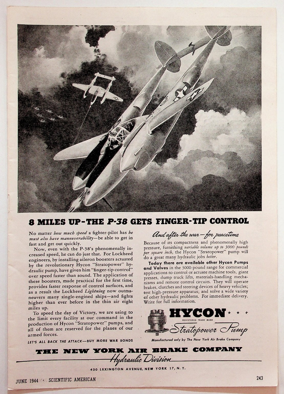 1944 P-38 Lightning Aircraft WWII Hycon Stratopower Pump Scientific American Ad 1944 P-38 Lightning Aircraft WWII Hycon Stratopower Pump Scientific American Ad