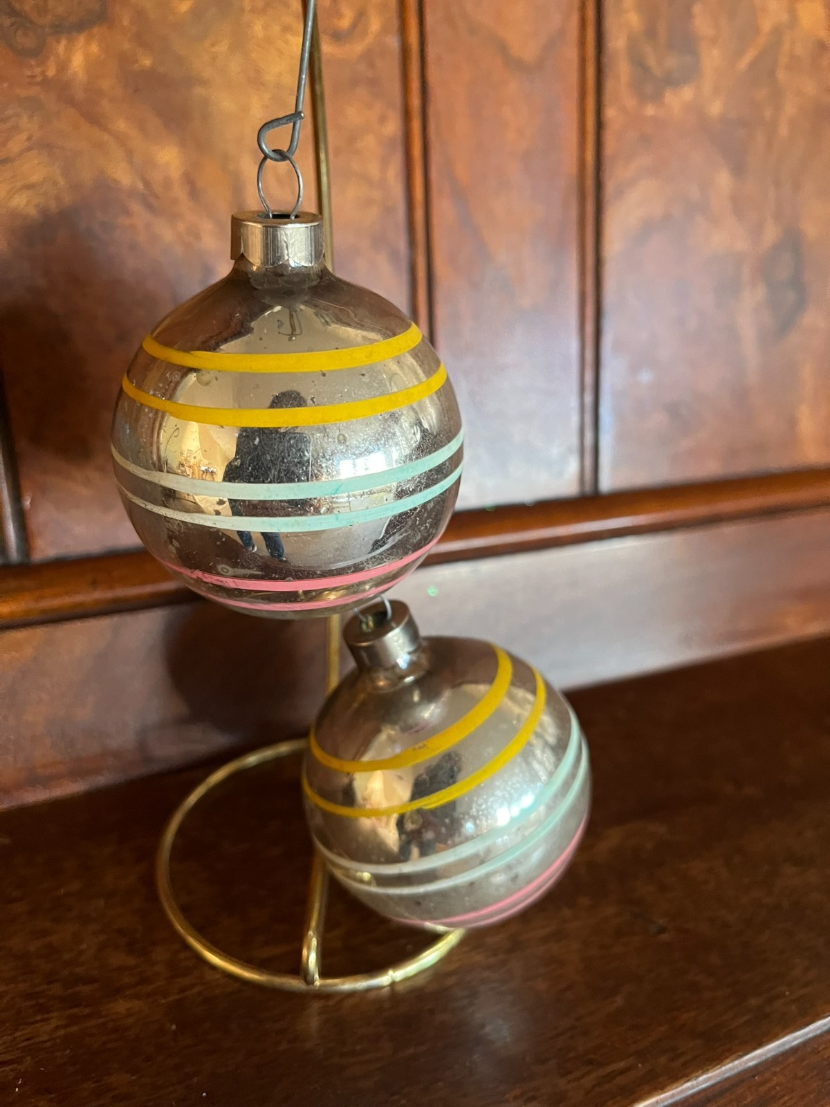 Set of 2 Vntg Made in the US of A glass ornaments yellow, blue & pink stripes Set of 2 Vntg Made in the US of A glass ornaments yellow, blue & pink stripes