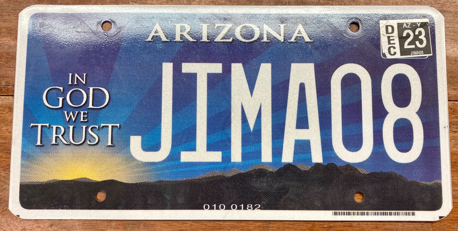 FAIRLY NICE 2020 BASE ARIZONA "IN GOD WE TRUST" VANITY LICENSE PLATE, JIM A 08