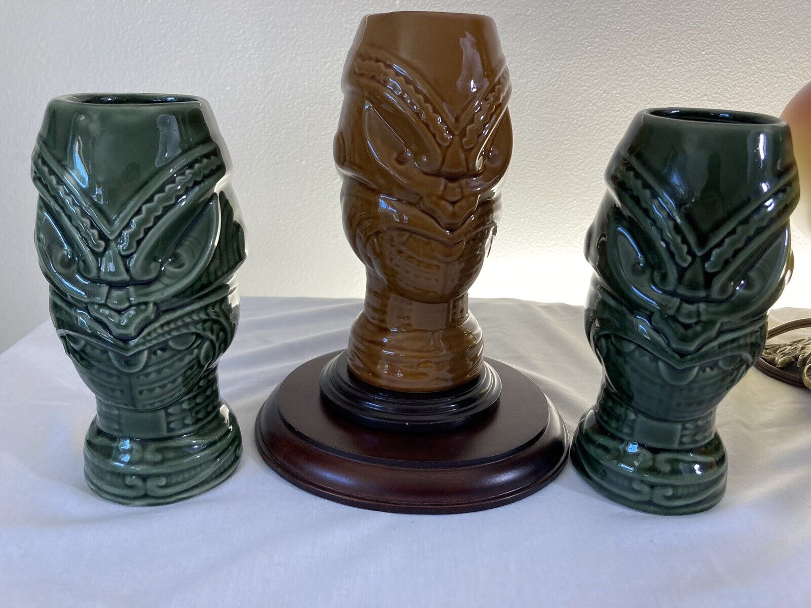 Vintage Set Of (3) Orchids of Hawaii Tiki Ceramic Mugs, Two Green One Brown