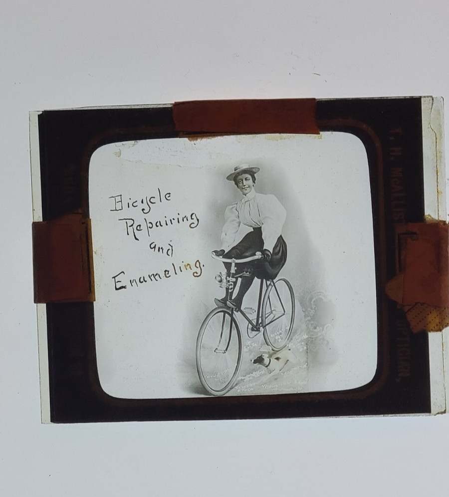 1895 Antique Bicycle Advertising Lantern Slide T.H. McAllister 49 Nassau St NYC 1895 Antique Bicycle Advertising Lantern Slide T.H. McAllister 49 Nassau St NYC
