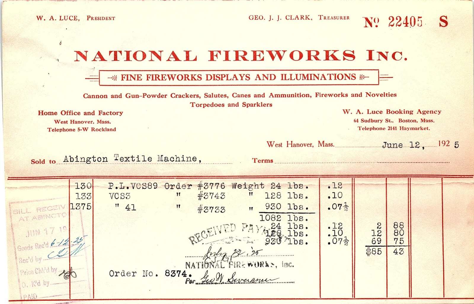 1925 National Fireworks Inc. billhead, West Hanover, Mass.