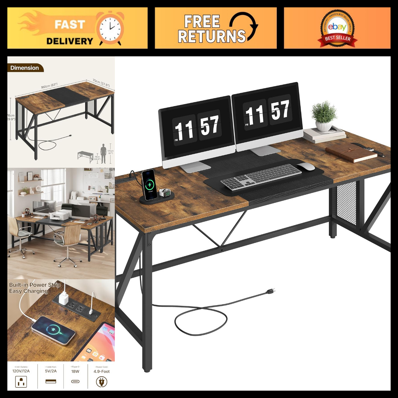 63" Computer Desk with Power Outlets, Gaming Desk, Large Office Executive Desk W