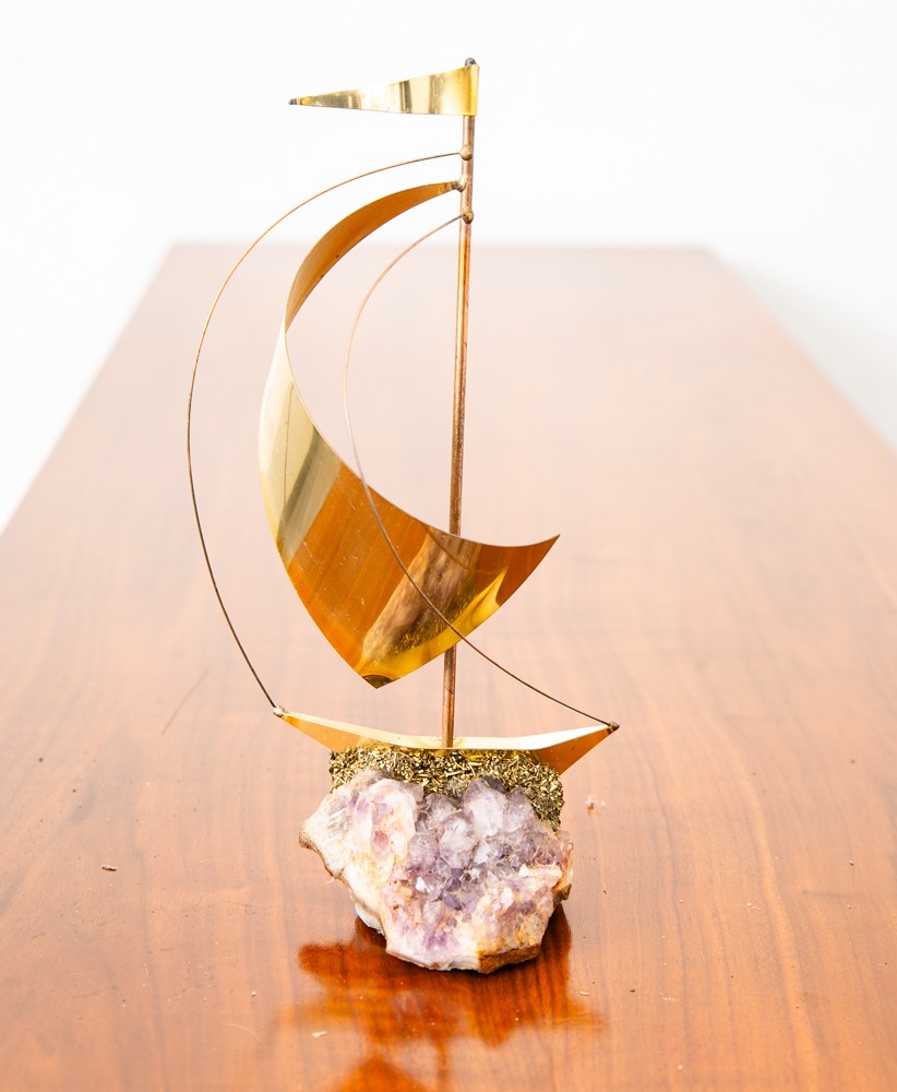 Mid Century Modern Original Art Boat Sculpture Stone Geode Sailboat Vintage Mcm