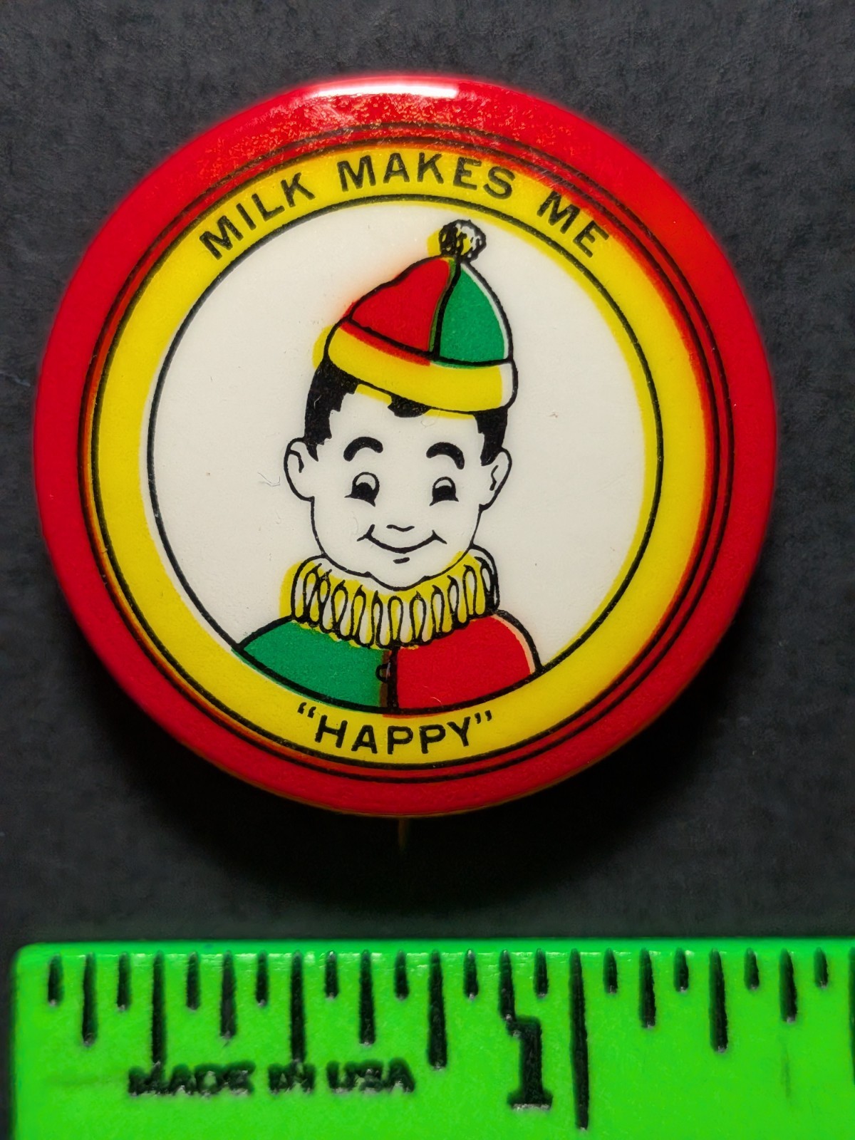 Vintage Boy Jester Milk Makes Me Happy Pinback Pin Vintage Boy Jester Milk Makes Me Happy Pinback Pin
