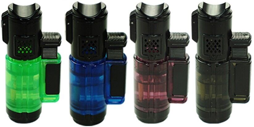 4 PACK Triple Jet Torch Lighter Adjustable Flame W/ Cigar Puncher Cap Hold Clear