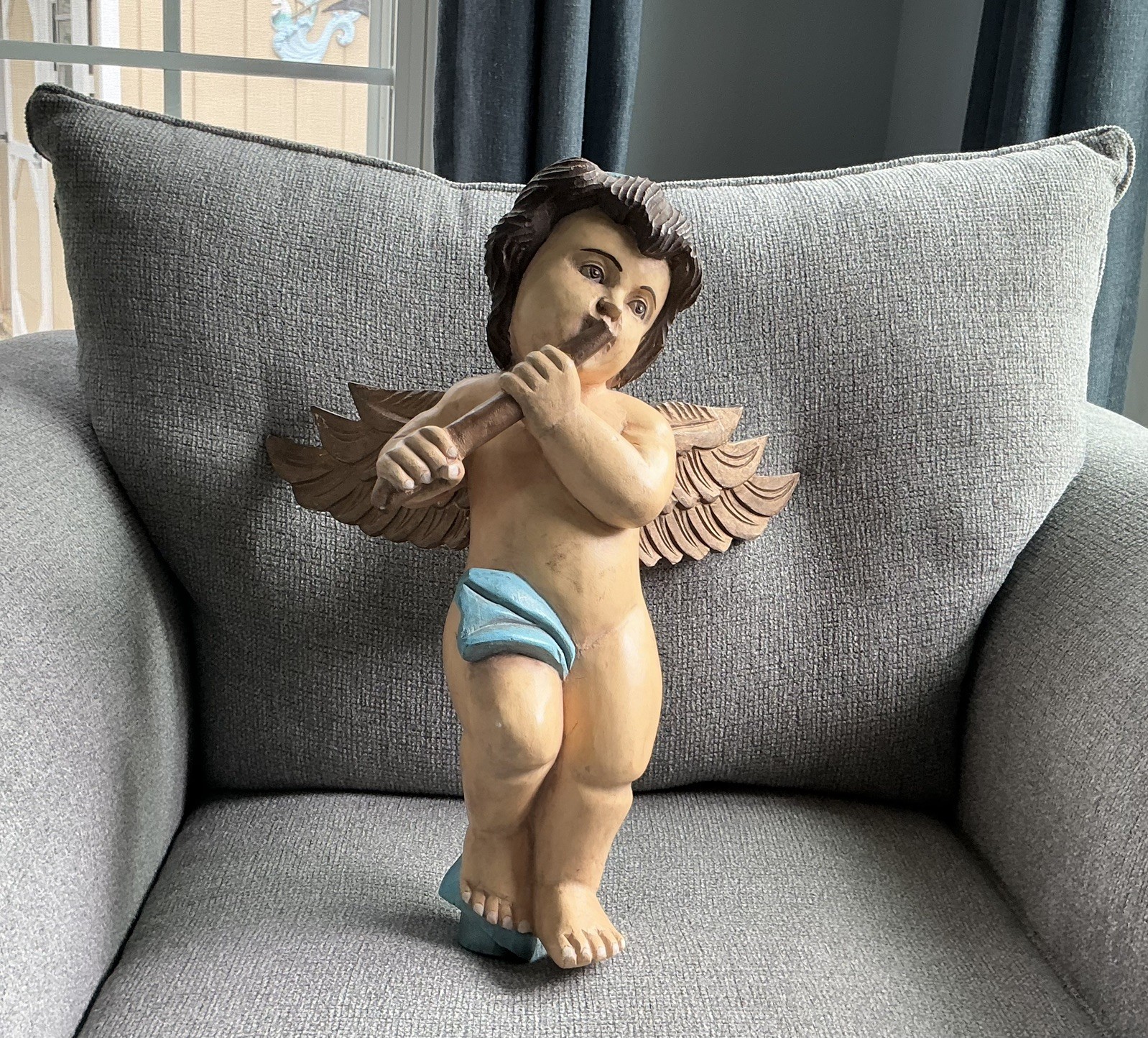 Antique Hand Carved Painted Wood Large Angelic Cherub Putti Sculpture 18" Antique Hand Carved Painted Wood Large Angelic Cherub Putti Sculpture 18"