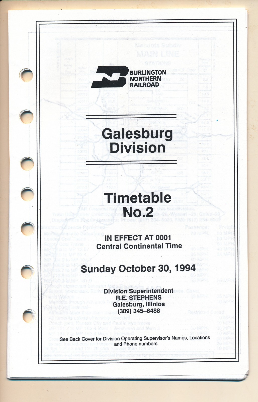 BURLINGTON NORTHERN GALESBURG DIVISION TIMETABLE #2 OCTOBER 30, 1994 NEW