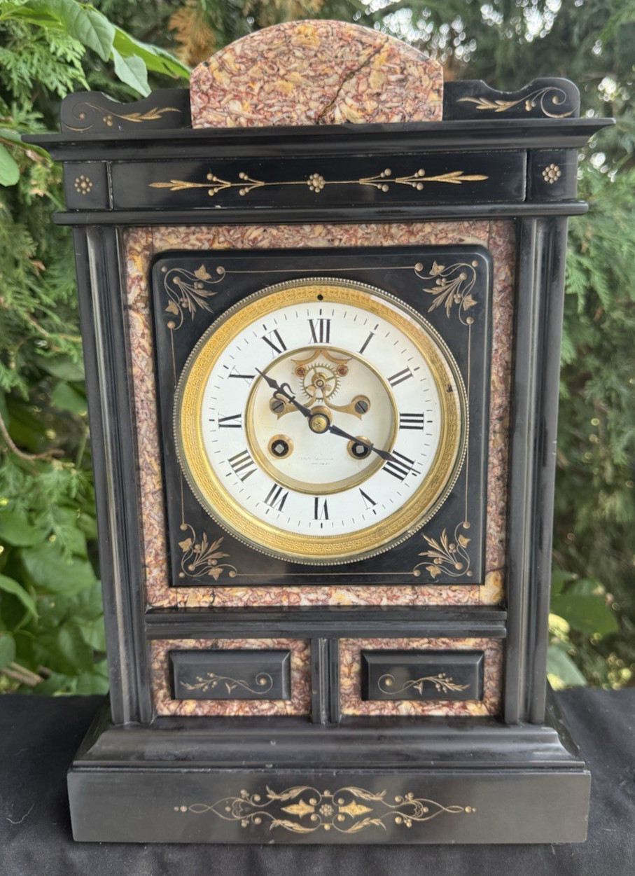 C 1890 French Slate & Granite Mantle Clock - VIDEO - OPEN ESCAPEMENT - SERVICED C 1890 French Slate & Granite Mantle Clock - VIDEO - OPEN ESCAPEMENT - SERVICED