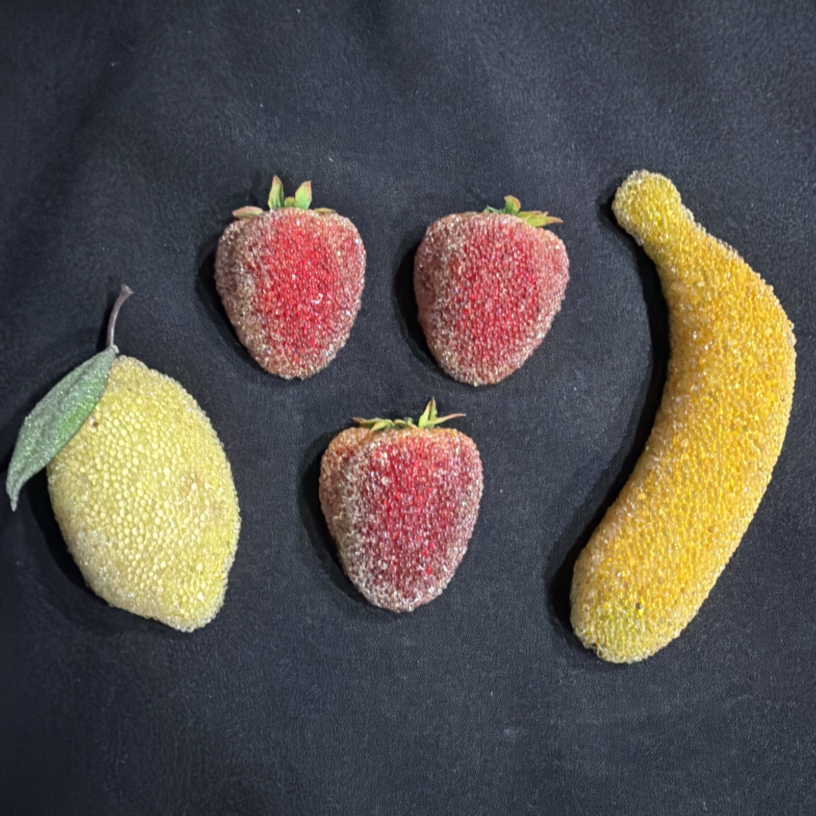 5 Vintage Sugared BEADED Fruit Refrigerator Magnet Set Strawberries Banana Limon