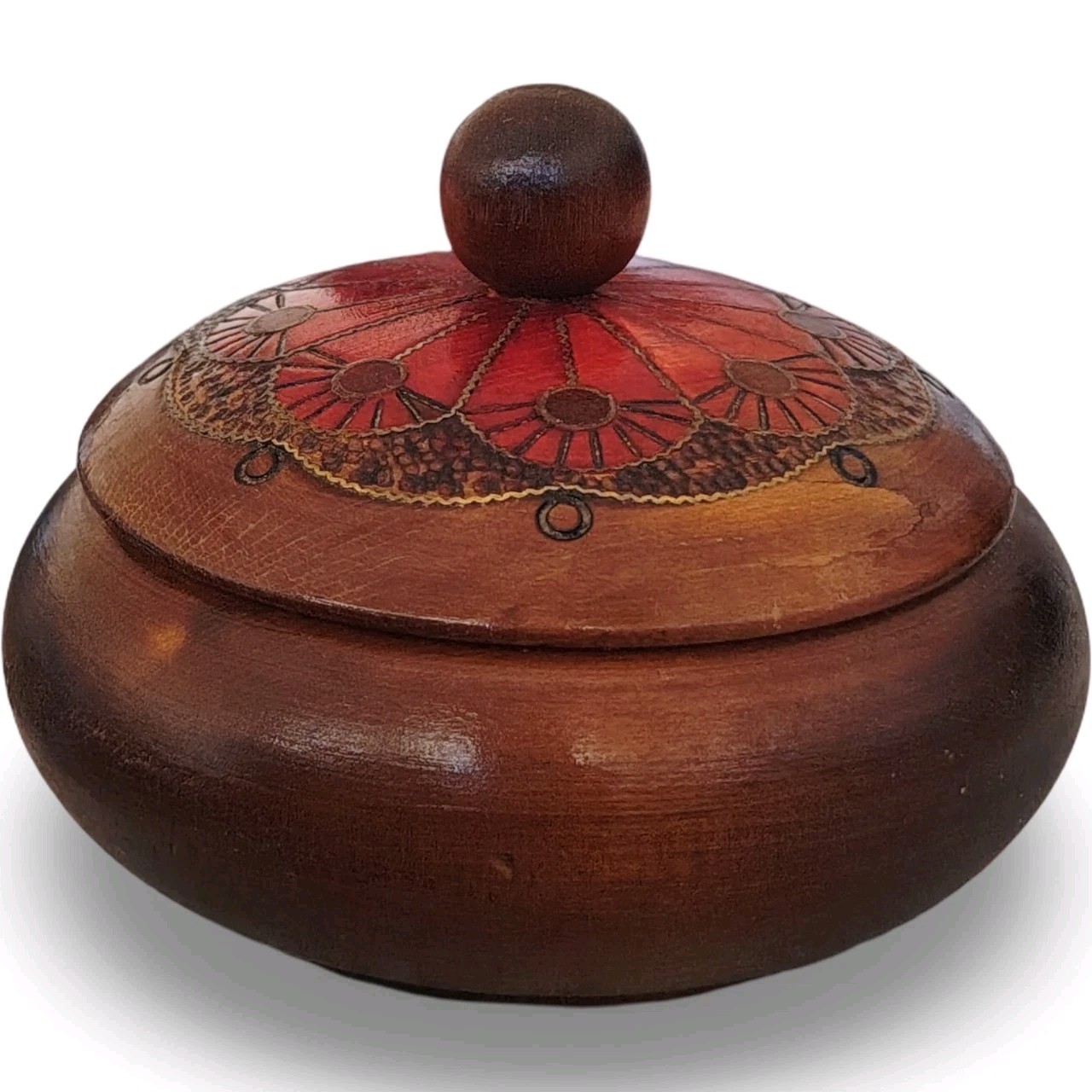 Vintage Hand Carved Wooden Trinket Box Pyrography Wood Burned Jewelry Dish 5" Vintage Hand Carved Wooden Trinket Box Pyrography Wood Burned Jewelry Dish 5"