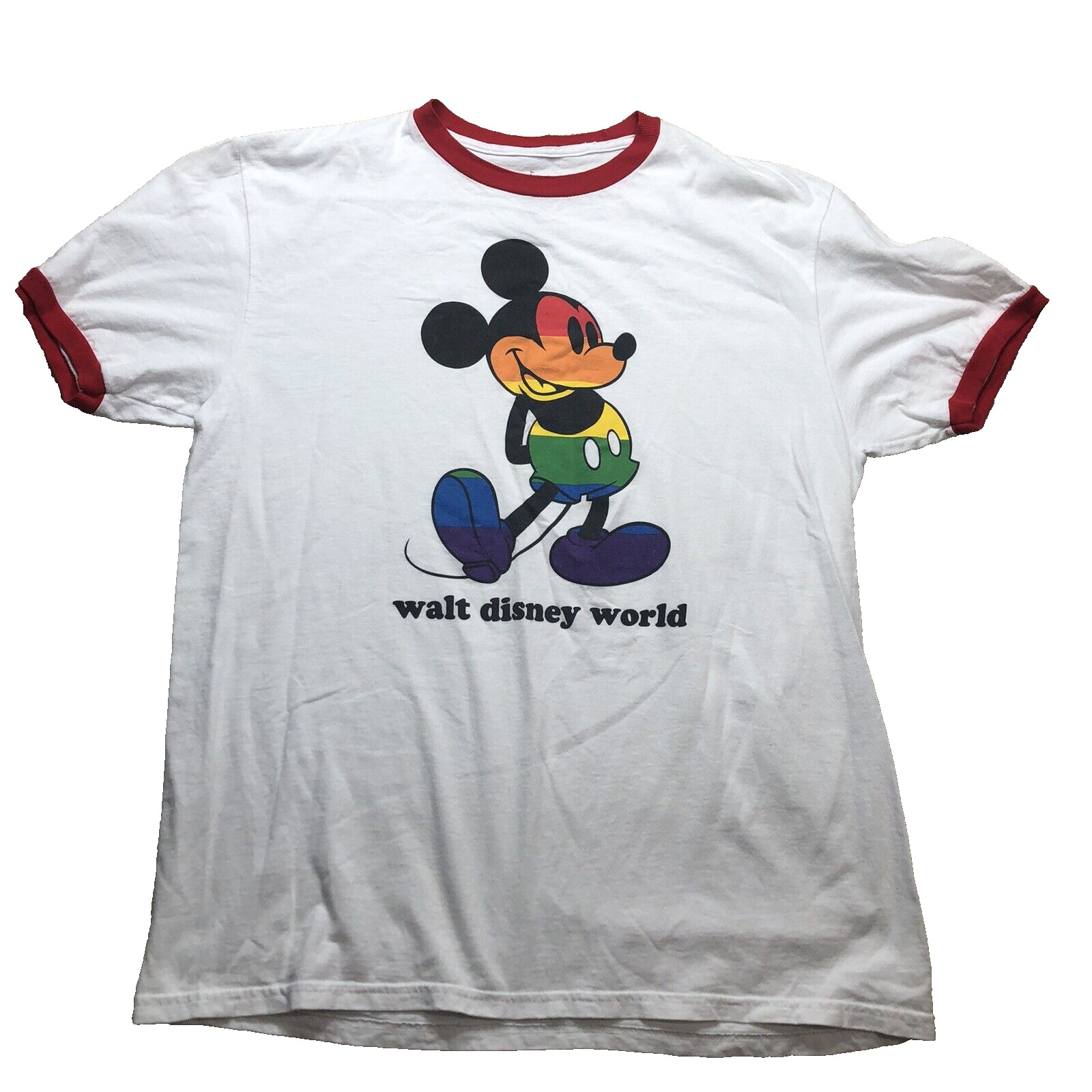 Disney Rainbow Mickey Shirt Unisex Large ringer Tee short sleeve white