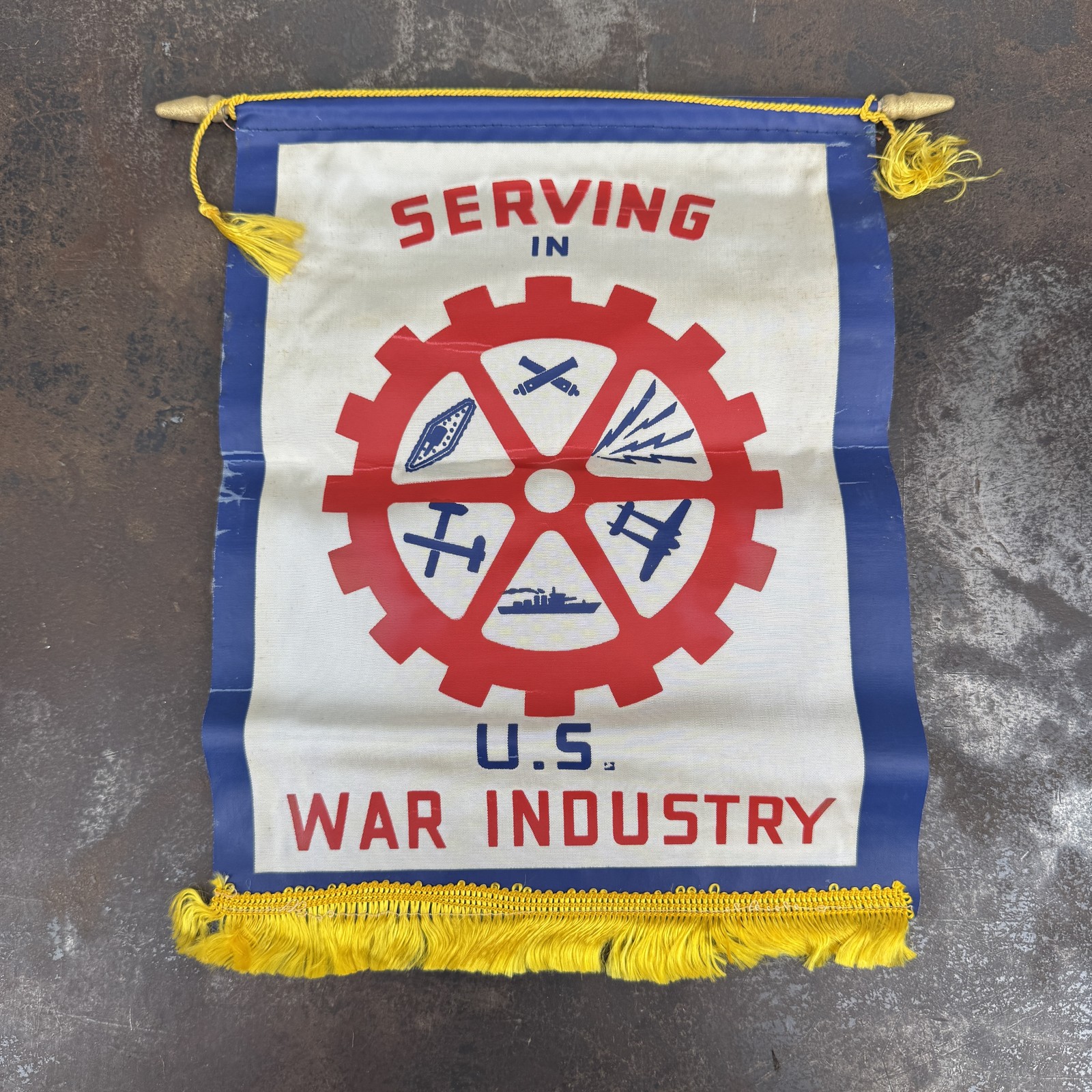 Vintage WWII Home Front Display Mini Banner - Serving With US War Industry Tank Vintage WWII Home Front Display Mini Banner - Serving With US War Industry Tank