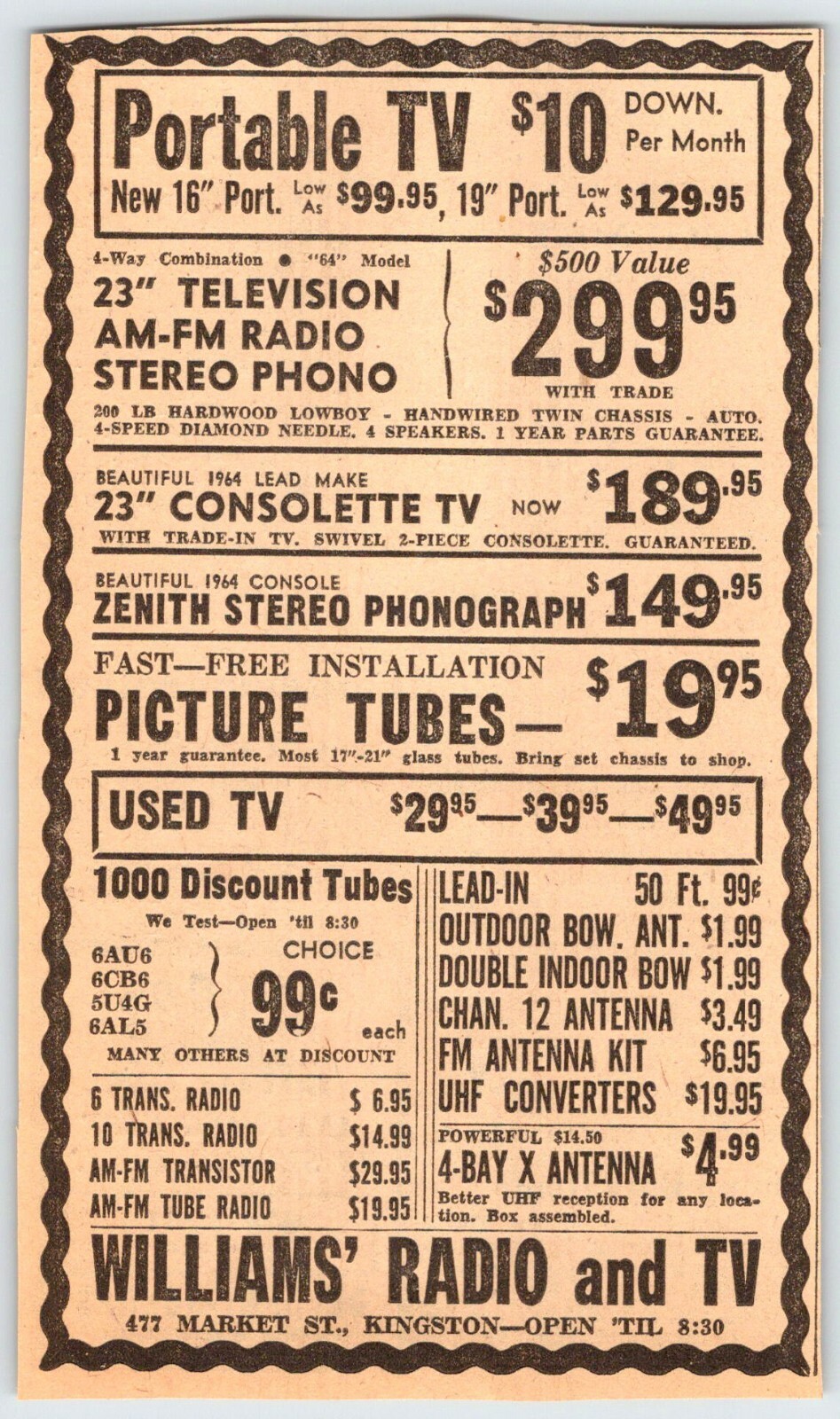 1963 WILLIAMS RADIO & TV KINGSTON PENNSYLVANIA 3.5" X 6" Newspaper Ad M107 1963 WILLIAMS RADIO & TV KINGSTON PENNSYLVANIA 3.5" X 6" Newspaper Ad M107