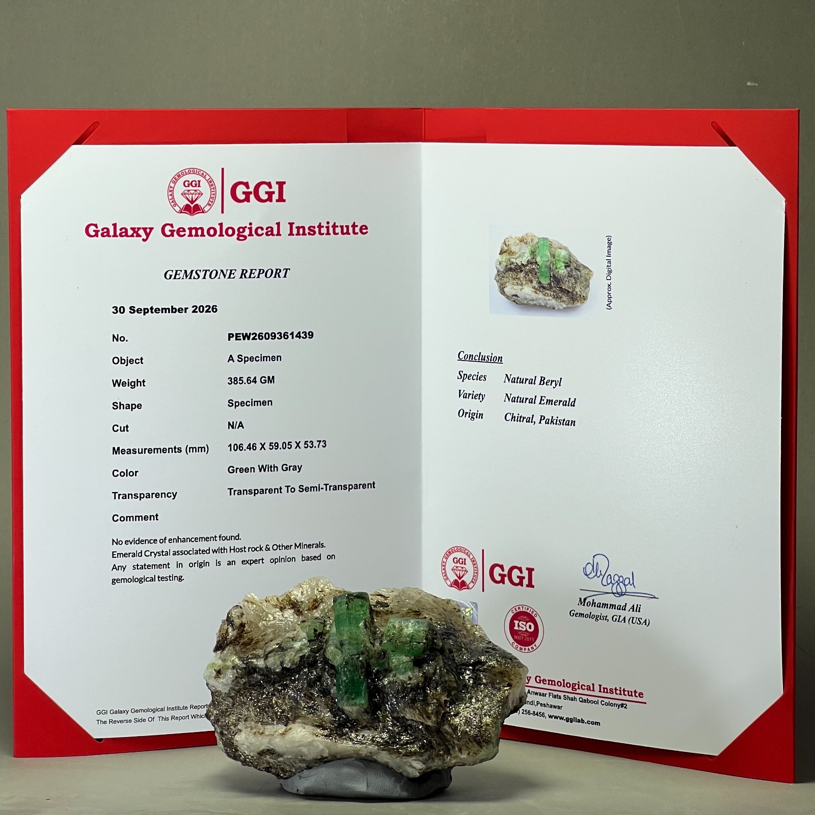 GGI Certified Natural Emerald Specimen, Crystal on Matrix,385 Gram Chitral, PAK