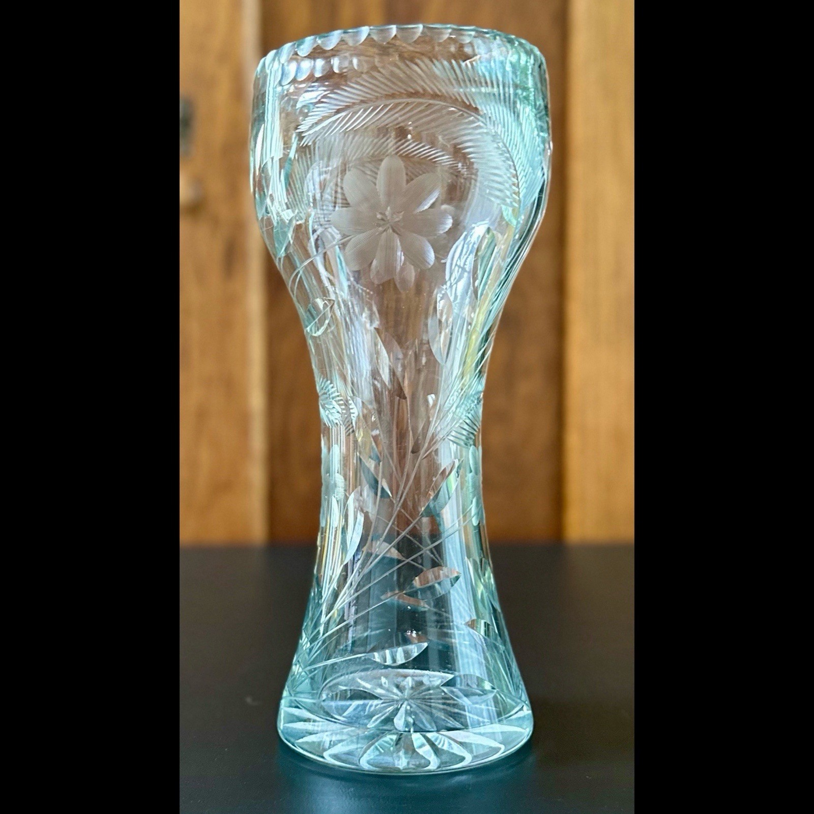 Large Vintage Corset Etched Lead Crystal Flower Vase.
