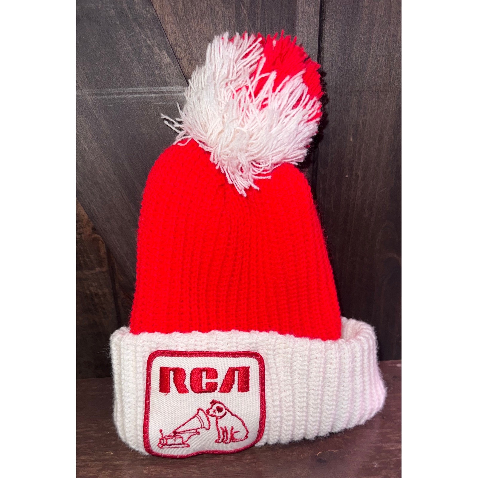 Vintage RCA Nipper Dog Embroidered Beanie Hat Red White Pom Pom Vintage RCA Nipper Dog Embroidered Beanie Hat Red White Pom Pom