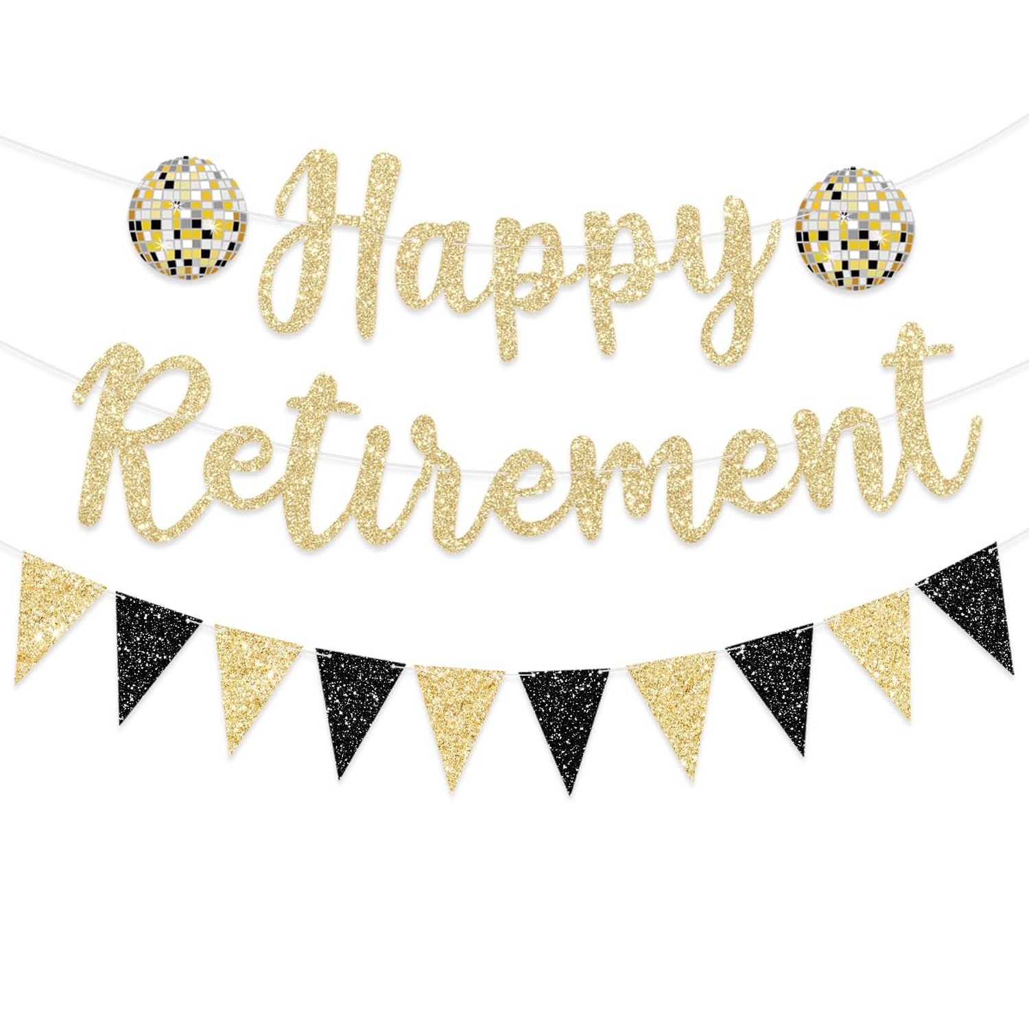 Pre Strung Happy Retirement Banner Party Decorations Gold Black Glitter Sign ... Pre Strung Happy Retirement Banner Party Decorations Gold Black Glitter Sign ...