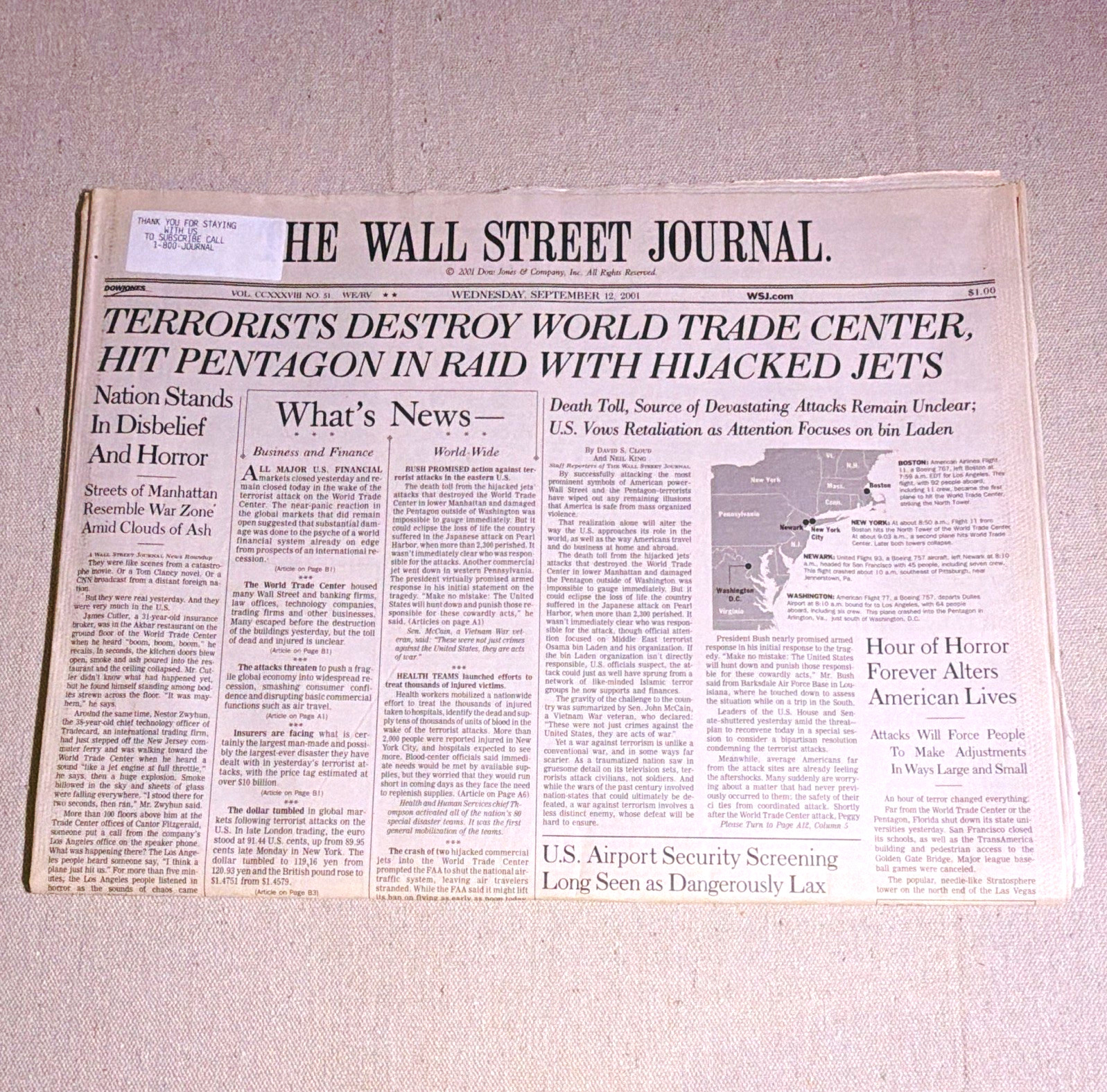 The Wall Street Journal Wednesday September 12, 2001 - Terrorists Destroy WTC The Wall Street Journal Wednesday September 12, 2001 - Terrorists Destroy WTC