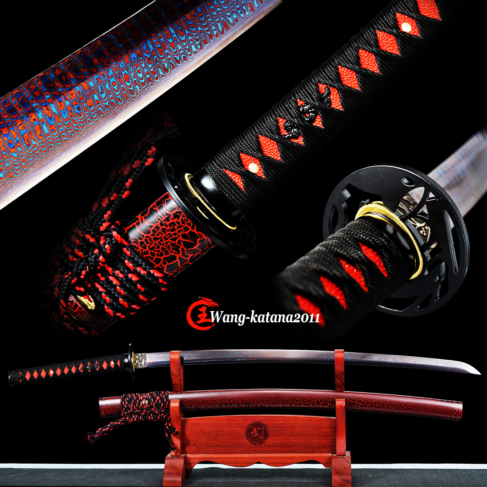 Unique Red & Blue Sharp Japanese Samurai Katana Sword Damascus Folded 1095 Steel Unique Red & Blue Sharp Japanese Samurai Katana Sword Damascus Folded 1095 Steel