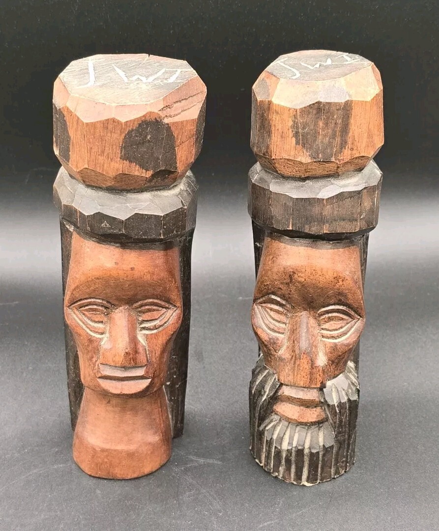 Vintage Hand Carved Man Woman Tiki Totem Solid Heavy Wood Signed Cracking 8.5" Vintage Hand Carved Man Woman Tiki Totem Solid Heavy Wood Signed Cracking 8.5"