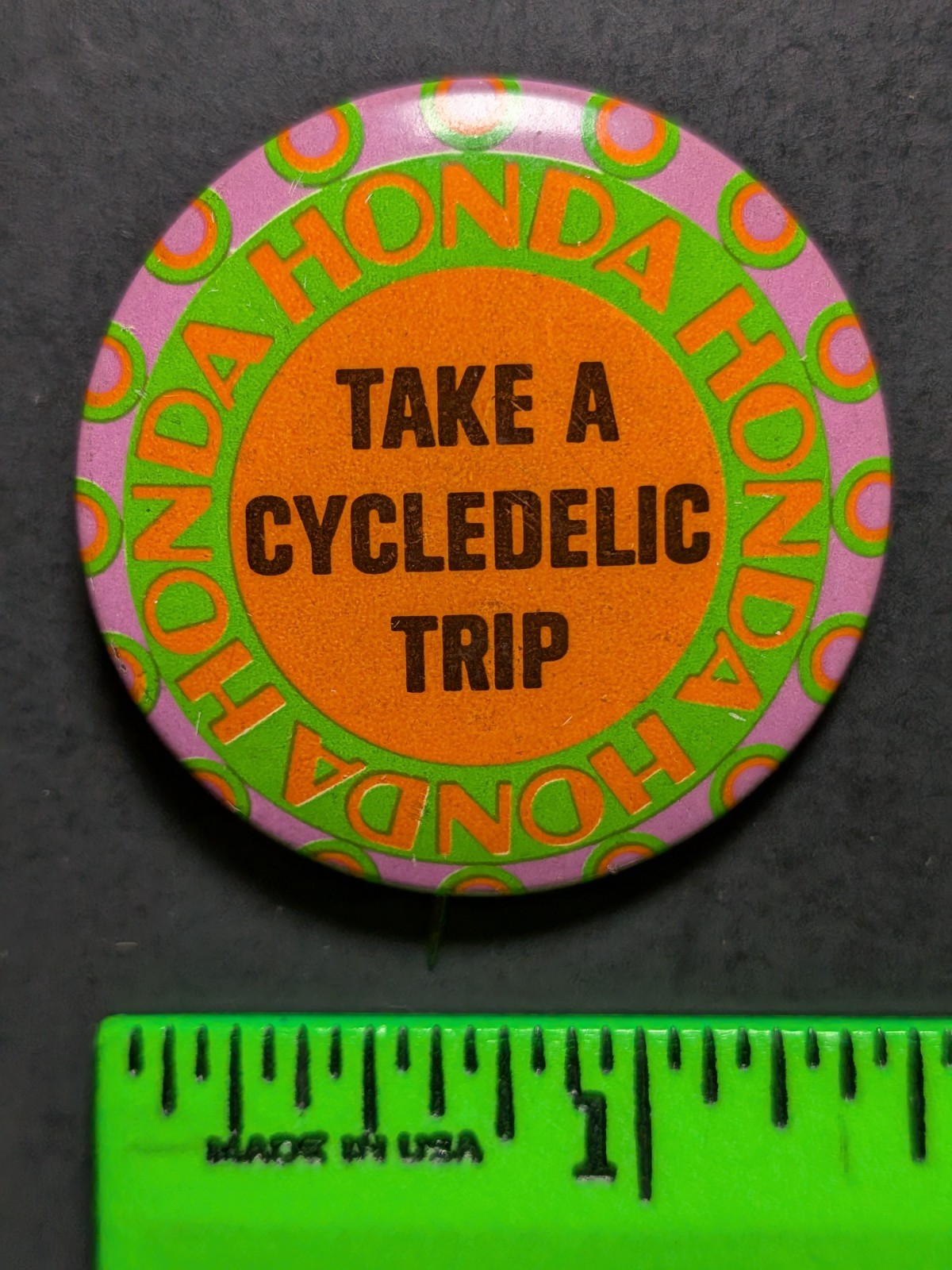 Vintage 1960s-70s Hippie Honda Motorcycle Take A Cycledelic Trip Pinback Pin Vintage 1960s-70s Hippie Honda Motorcycle Take A Cycledelic Trip Pinback Pin
