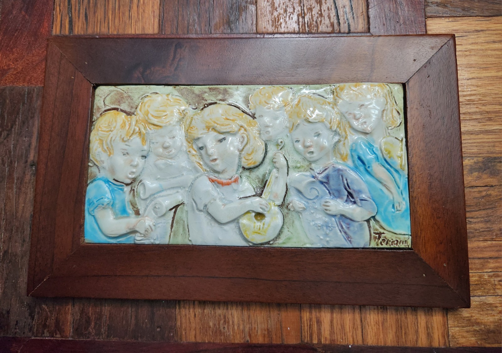 Vintage Italian Framed 3-D Tile Musical Children - Signed Terzani 11x7 majolica Vintage Italian Framed 3-D Tile Musical Children - Signed Terzani 11x7 majolica