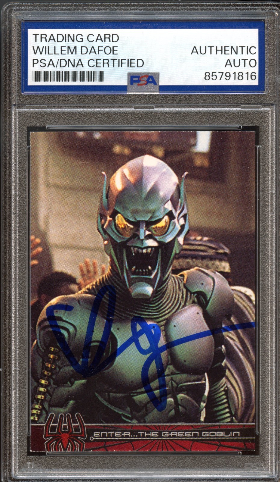 WILLEM DAFOE SIGNED 2002 TOPPS MARVEL SPIDER-MAN #48 GREEN GOBLIN PSA AUTO WILLEM DAFOE SIGNED 2002 TOPPS MARVEL SPIDER-MAN #48 GREEN GOBLIN PSA AUTO