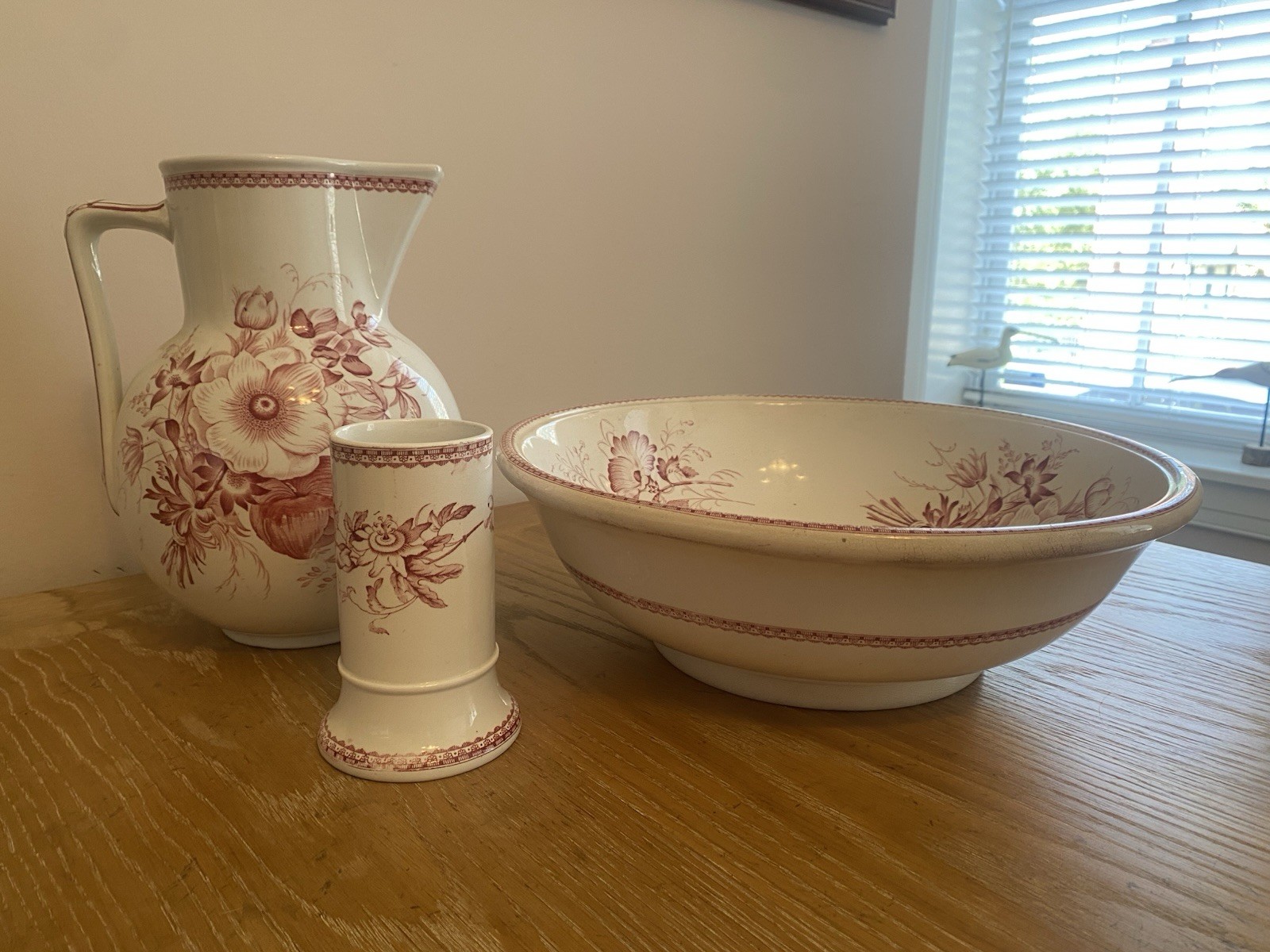 Antique Victorian Red Transferware 3-Pc Washstand Set Pitcher Basin Toothbrush Antique Victorian Red Transferware 3-Pc Washstand Set Pitcher Basin Toothbrush