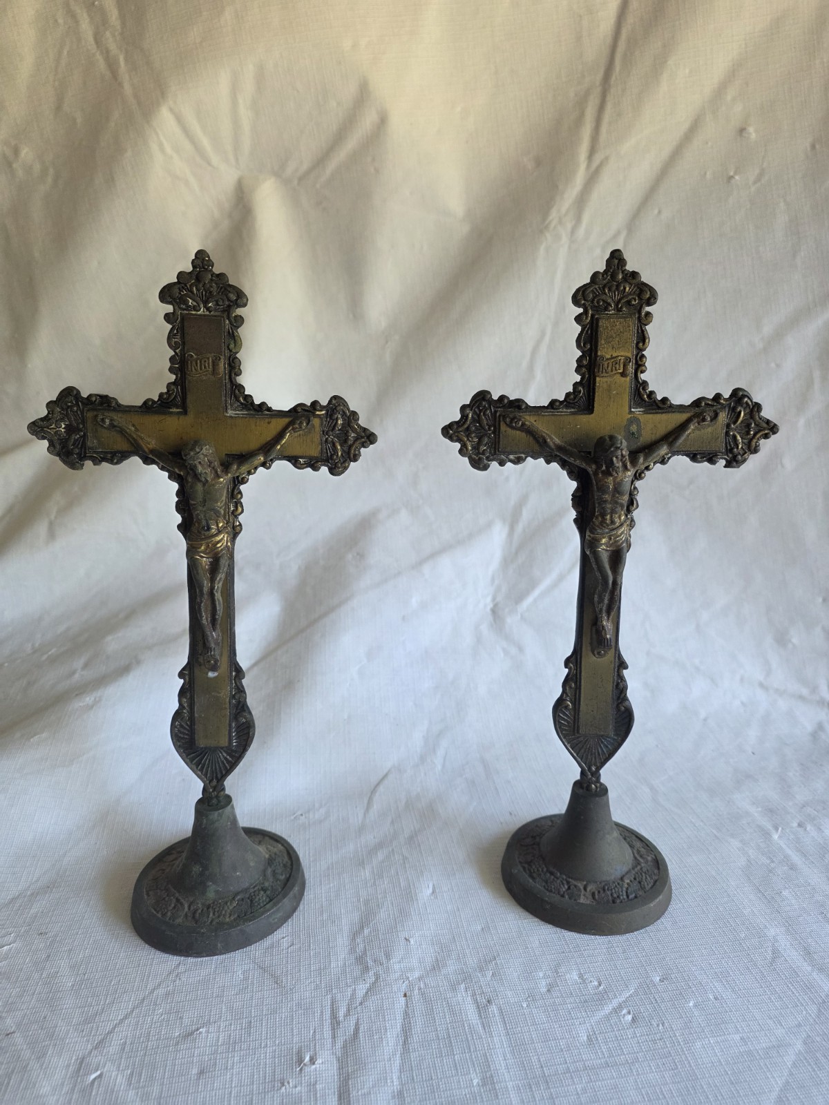2 Vintage Brass Gothic Church Religious Cross 12" X 5" Altar Standing Christ 2 Vintage Brass Gothic Church Religious Cross 12" X 5" Altar Standing Christ