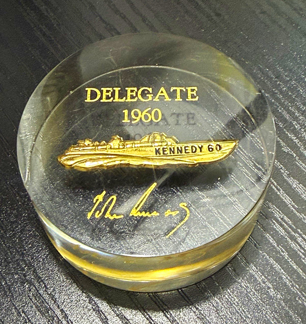 JFK 1960 DNC Delegate PT-109 Lucite Paperweight John F Kennedy Campaign Gift VTG