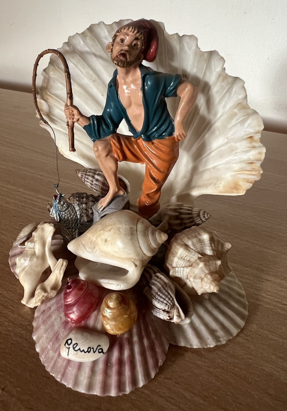 Vintage Mid Century Man Fishing Seashell Genova Italy Souvenir Sculpture Vintage Mid Century Man Fishing Seashell Genova Italy Souvenir Sculpture