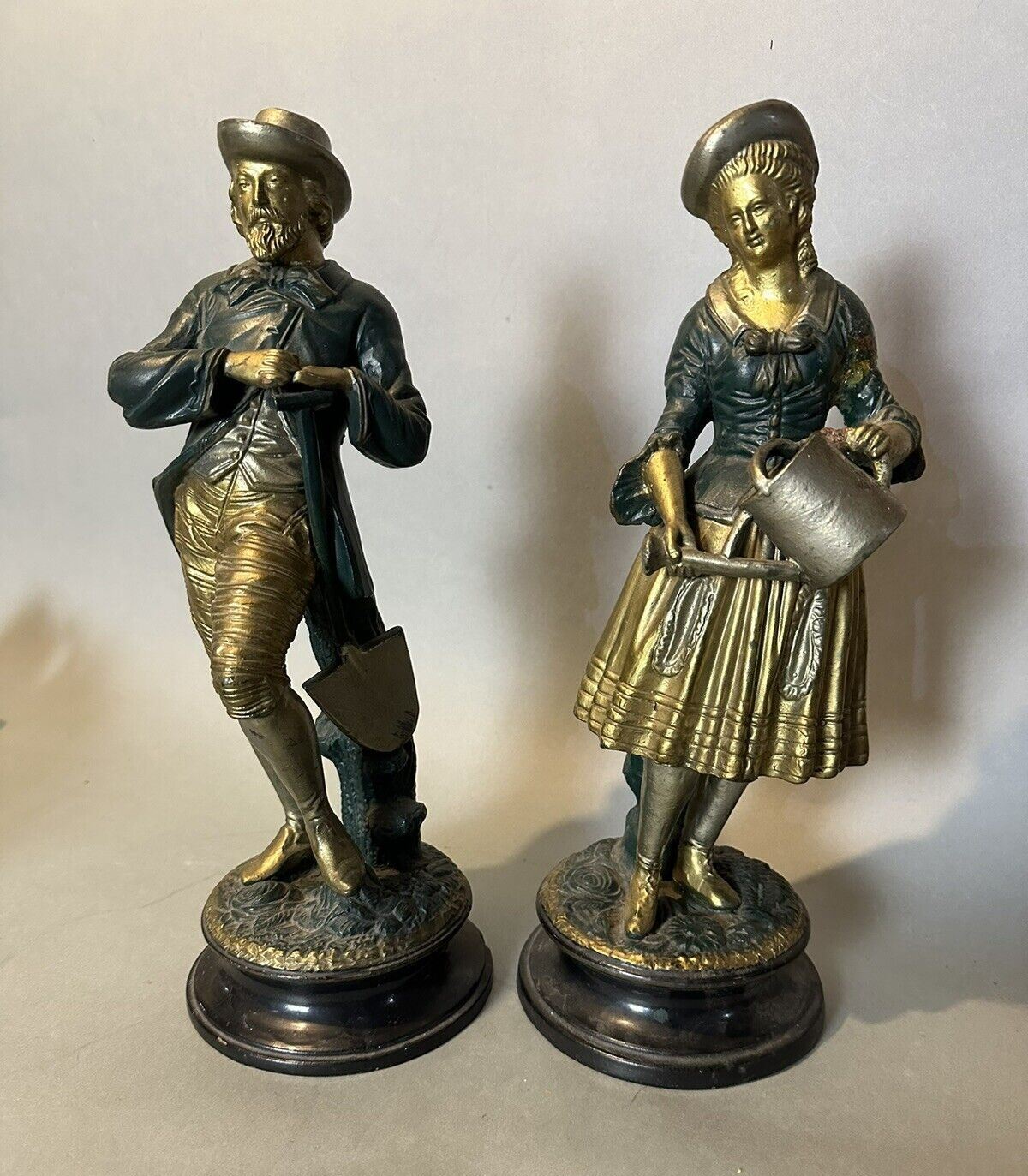 Pair Antique Continental Earthenware 13.5" Polychrome Decorated Figural Statues Pair Antique Continental Earthenware 13.5" Polychrome Decorated Figural Statues