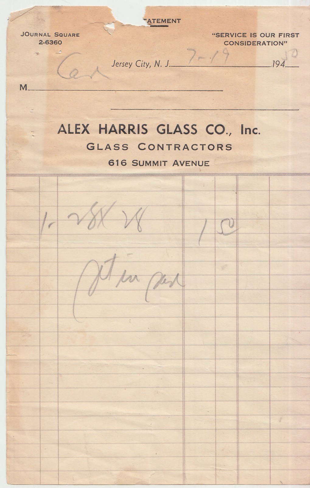 1950 Alex Harris Glass Co 616 Summit Ave Jersey City NJ Billhead 1950 Alex Harris Glass Co 616 Summit Ave Jersey City NJ Billhead