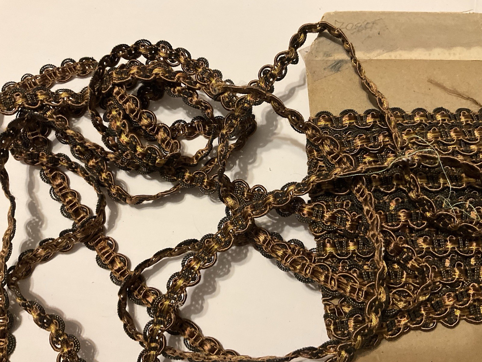 RARE TO FIND ANTIQUE VICTORIAN SILK COTTON TRIM BRAID BROWN Gold  1/2 Inch Wide